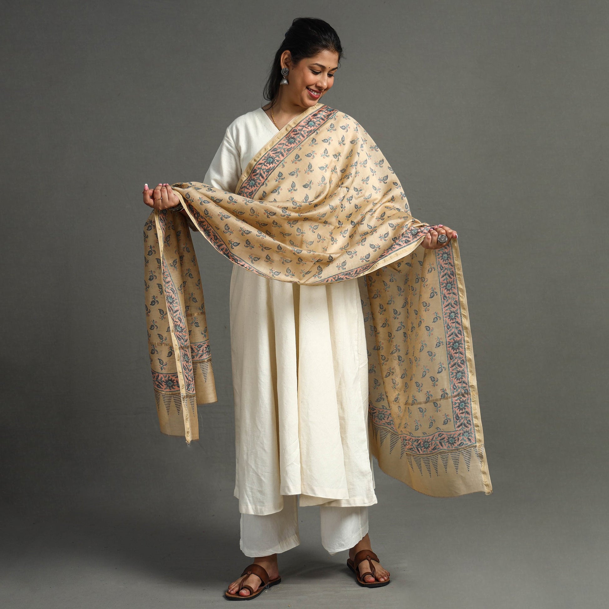 Beige - Block Printed Chanderi Silk Sanganeri Dupatta 67