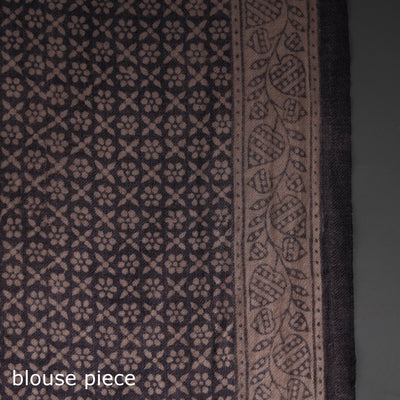 Beige - Handwoven Merino Wool Bagh Block Print Saree 02