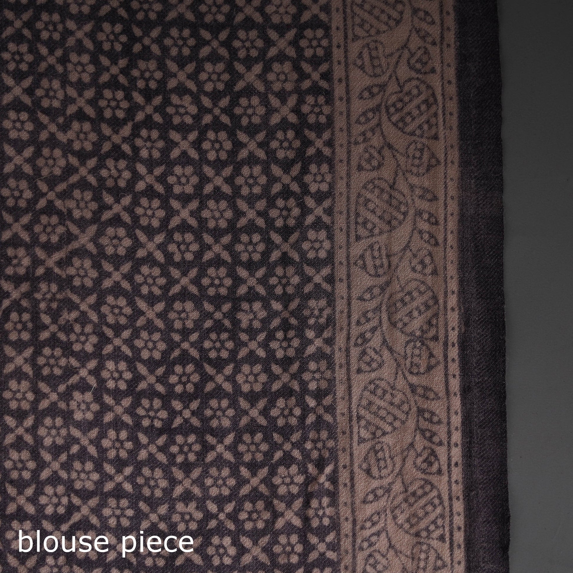 Beige - Handwoven Merino Wool Bagh Block Print Saree 02