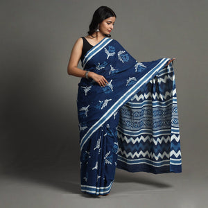 Blue - Bagru Dabu Block Printed Mul Cotton Saree