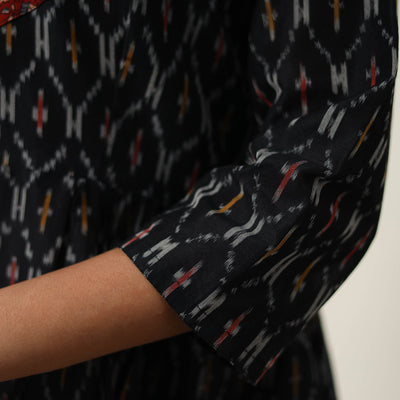 Black - Mercerized Cotton Flared Pochampally Ikat Dress 02