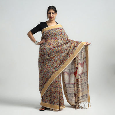 Brown - Original Pedana Kalamkari Block Print Silk Saree