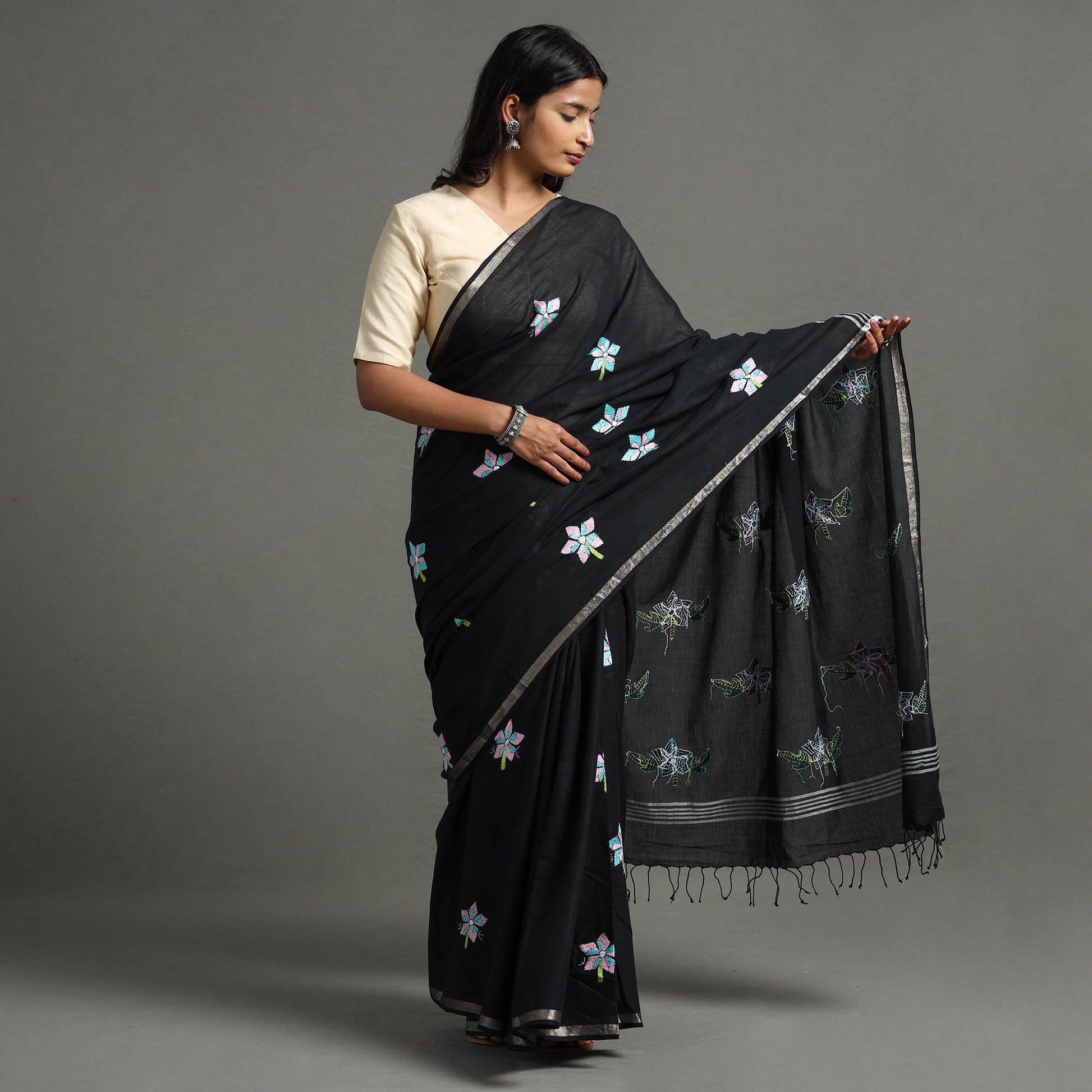Black - Bengal Kantha Embroidery Handloom Cotton Saree