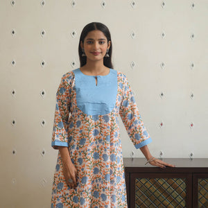 Blue - Block Print Cotton Patchwork A-Line Sanganeri Kurta 09