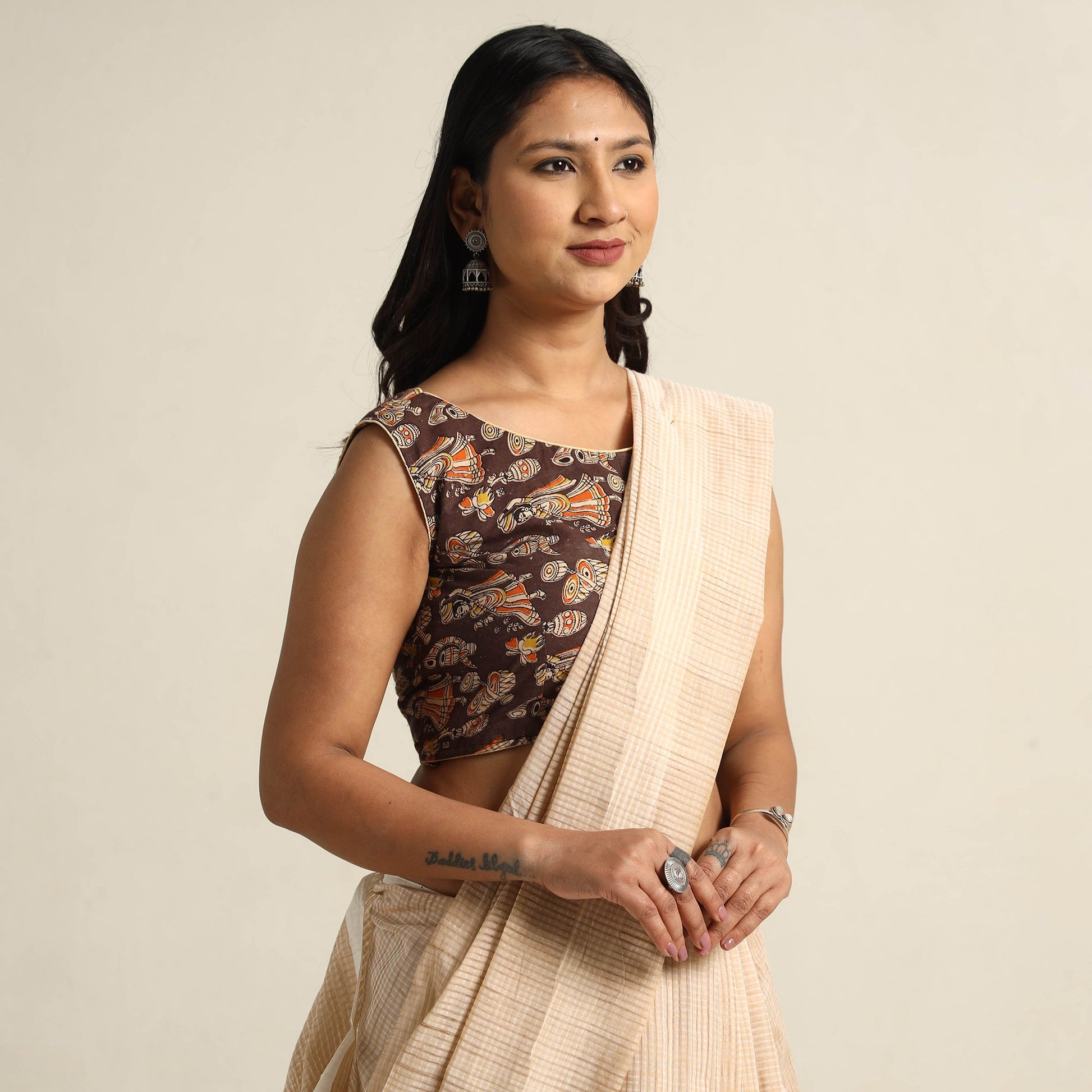 Brown - Kalamkari Printed Cotton Stitched Blouse 04