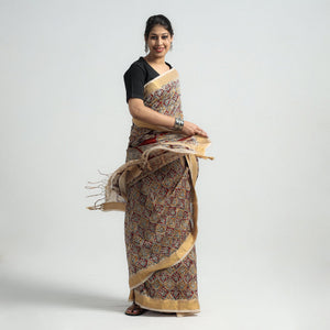 Brown - Original Pedana Kalamkari Block Print Silk Saree