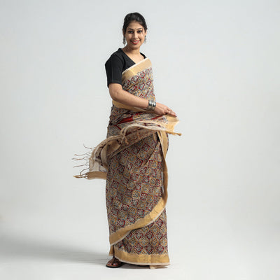 Brown - Original Pedana Kalamkari Block Print Silk Saree