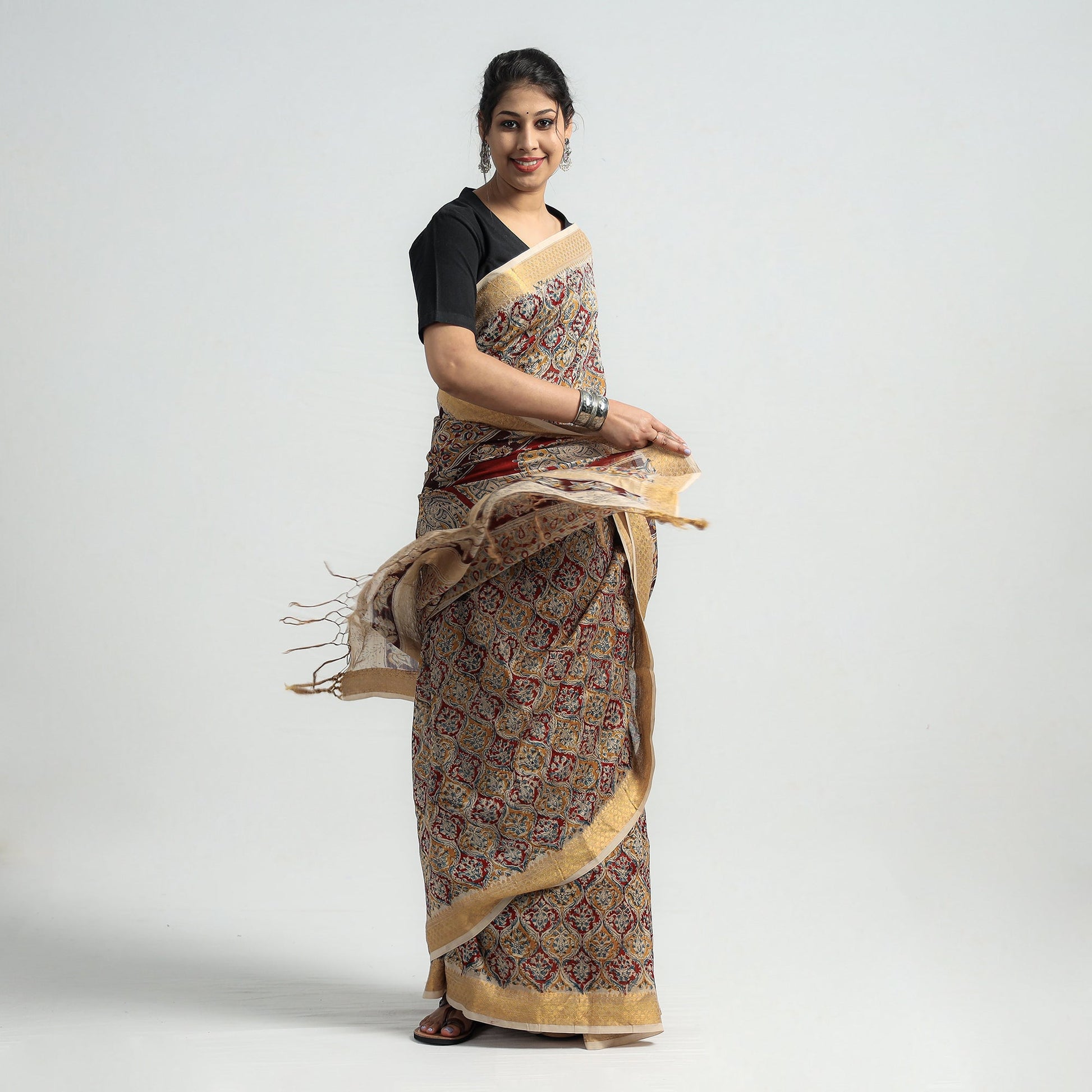 Brown - Original Pedana Kalamkari Block Print Silk Saree