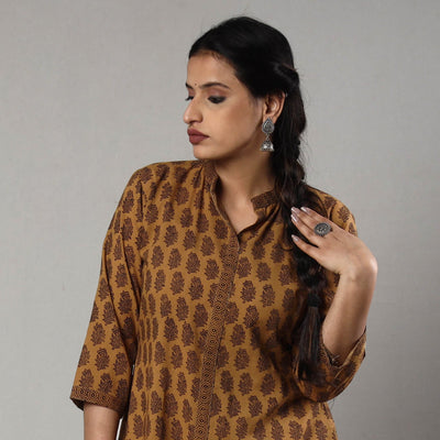 Brown - Block Print Cotton A-Line Bagh Kurta