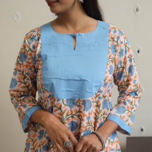 Blue - Block Print Cotton Patchwork A-Line Sanganeri Kurta 09
