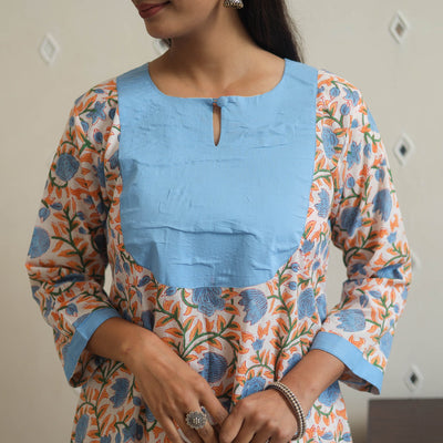 Blue - Block Print Cotton Patchwork A-Line Sanganeri Kurta 09