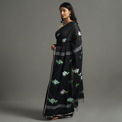 Black - Bengal Kantha Embroidery Handloom Cotton Saree