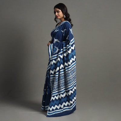 Blue - Bagru Dabu Block Printed Mul Cotton Saree