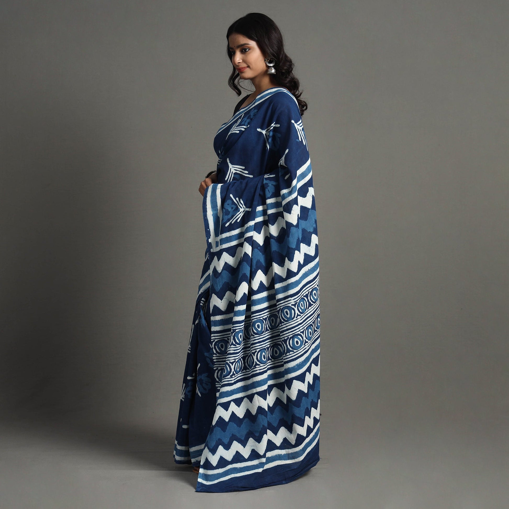 Blue - Bagru Dabu Block Printed Mul Cotton Saree