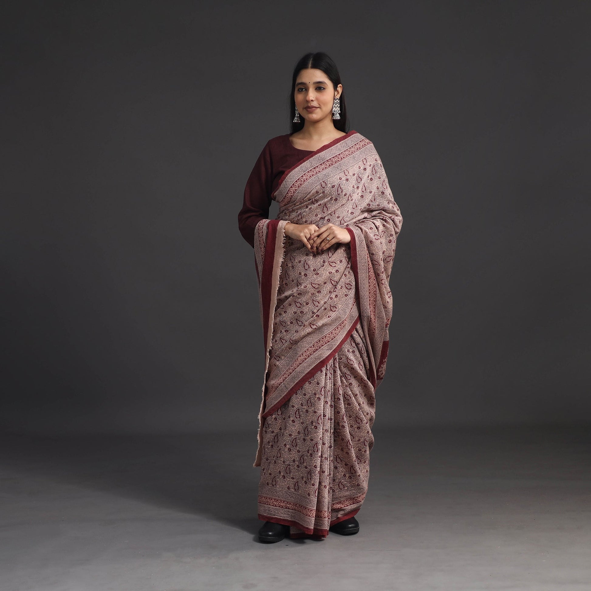 Brown - Handwoven Merino Wool Bagh Block Print Saree 01