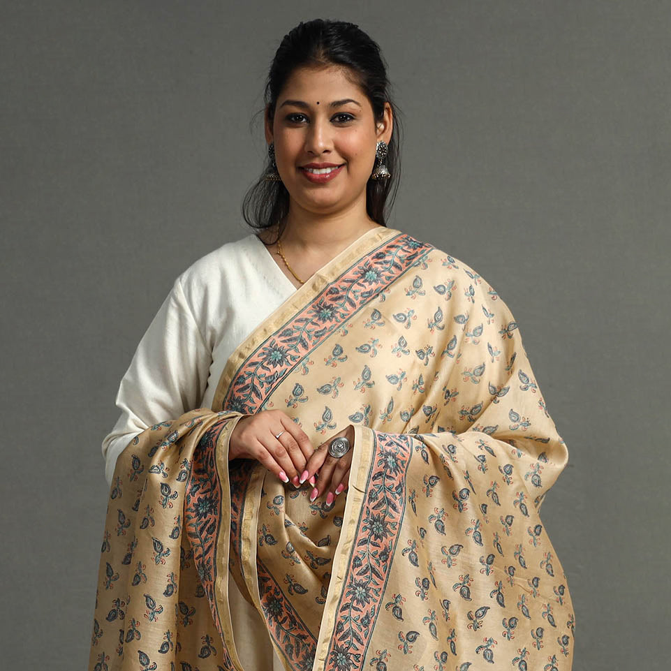 Beige - Block Printed Chanderi Silk Sanganeri Dupatta 67