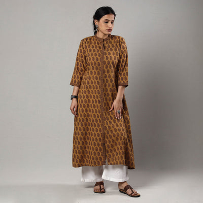 Brown - Block Print Cotton A-Line Bagh Kurta