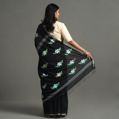 Black - Bengal Kantha Embroidery Handloom Cotton Saree