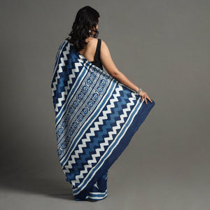 Blue - Bagru Dabu Block Printed Mul Cotton Saree