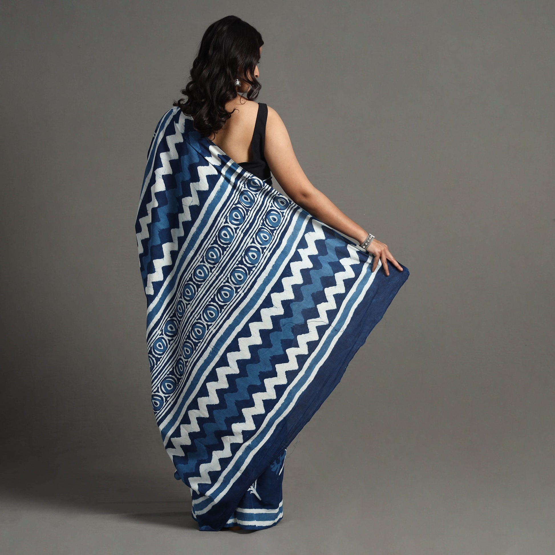 Blue - Bagru Dabu Block Printed Mul Cotton Saree