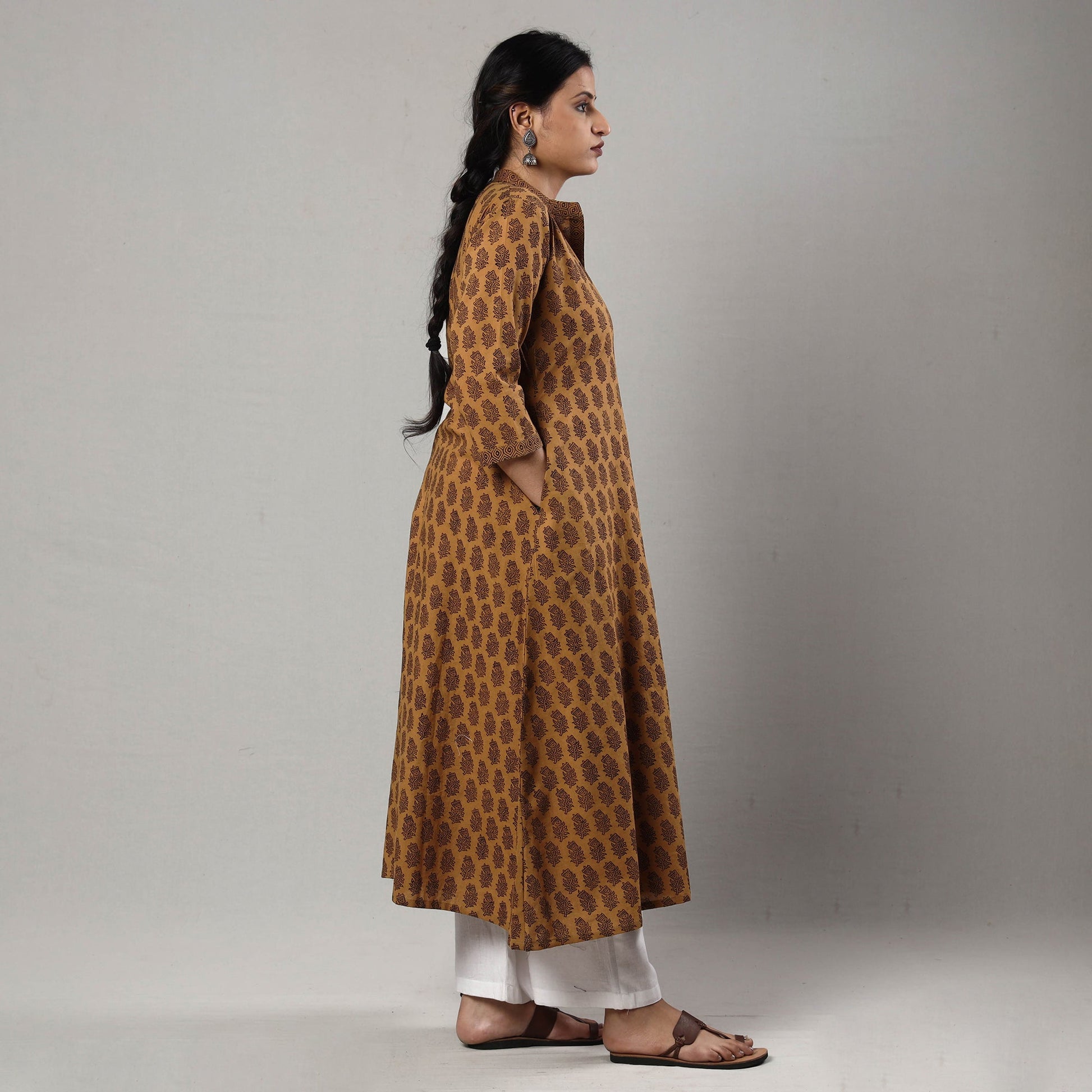 Brown - Block Print Cotton A-Line Bagh Kurta