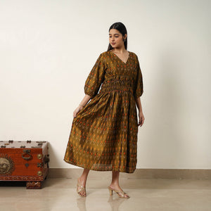 Brown - Mercerized Cotton Flared Pochampally Ikat Dress 07