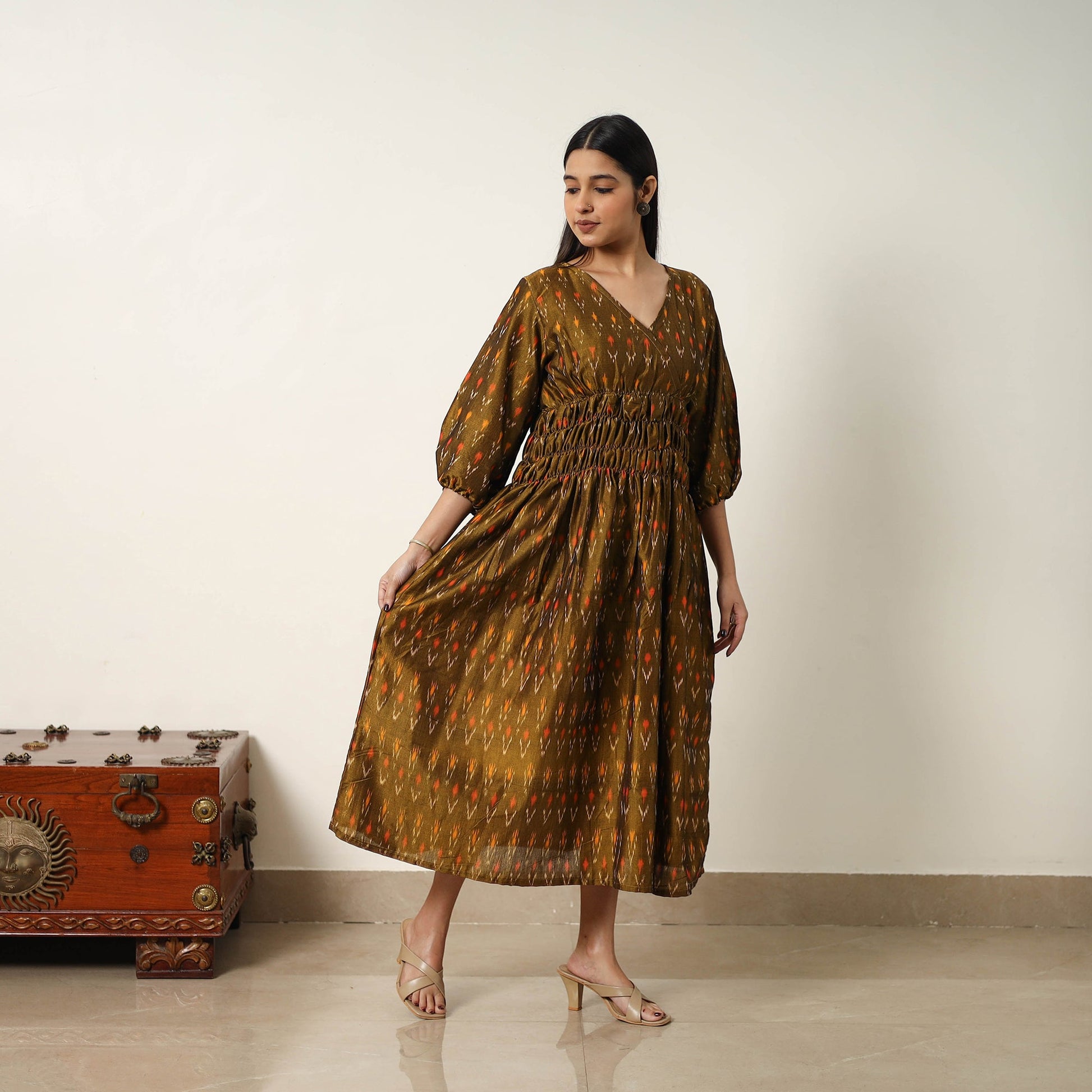 Brown - Mercerized Cotton Flared Pochampally Ikat Dress 07