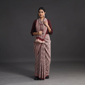 Brown - Handwoven Merino Wool Bagh Block Print Saree 01