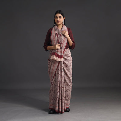Brown - Handwoven Merino Wool Bagh Block Print Saree 01