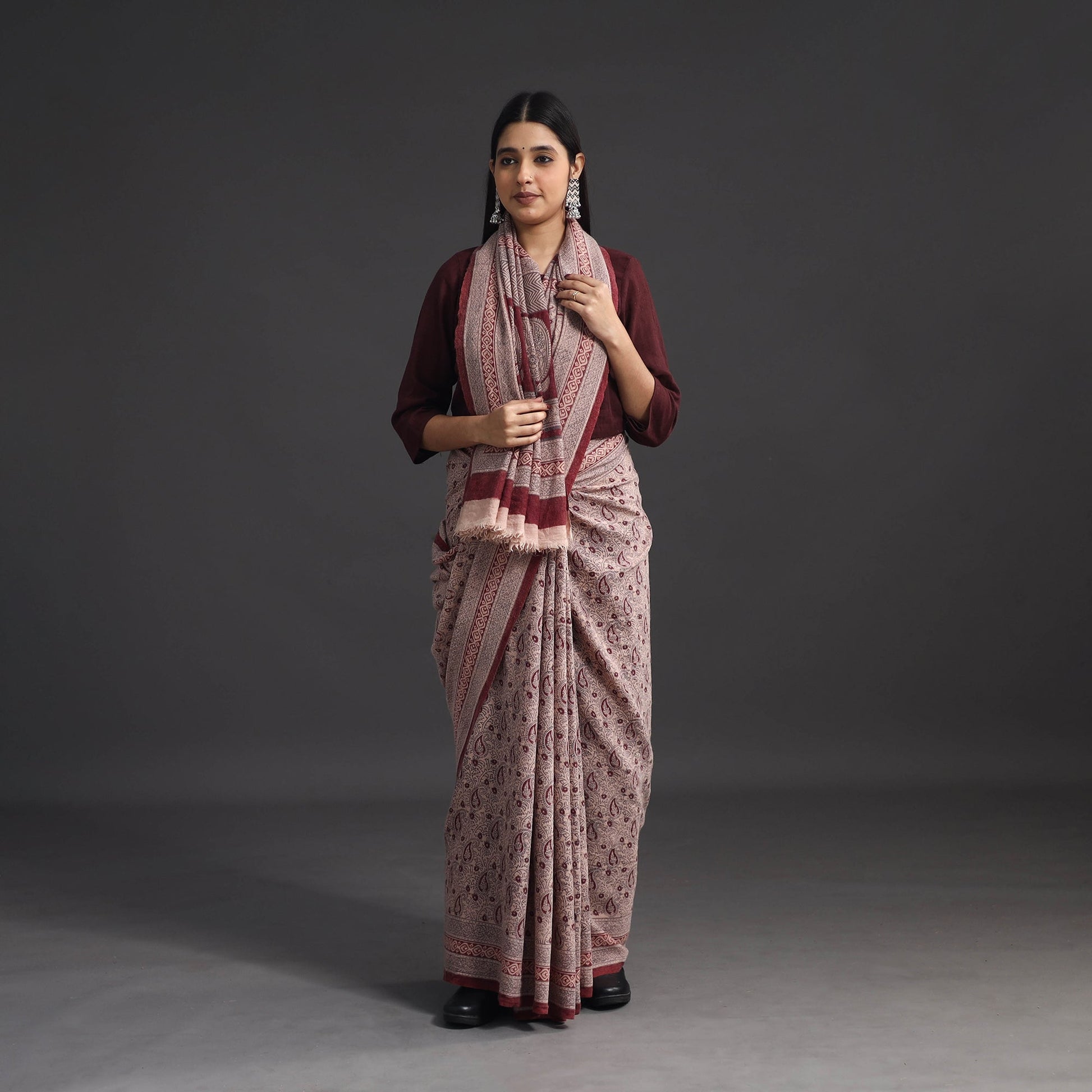 Brown - Handwoven Merino Wool Bagh Block Print Saree 01