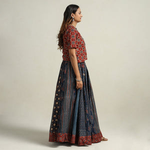 Blue - Ajrakh Block Printed 24 Kali Patchwork Cotton Long Skirt 19