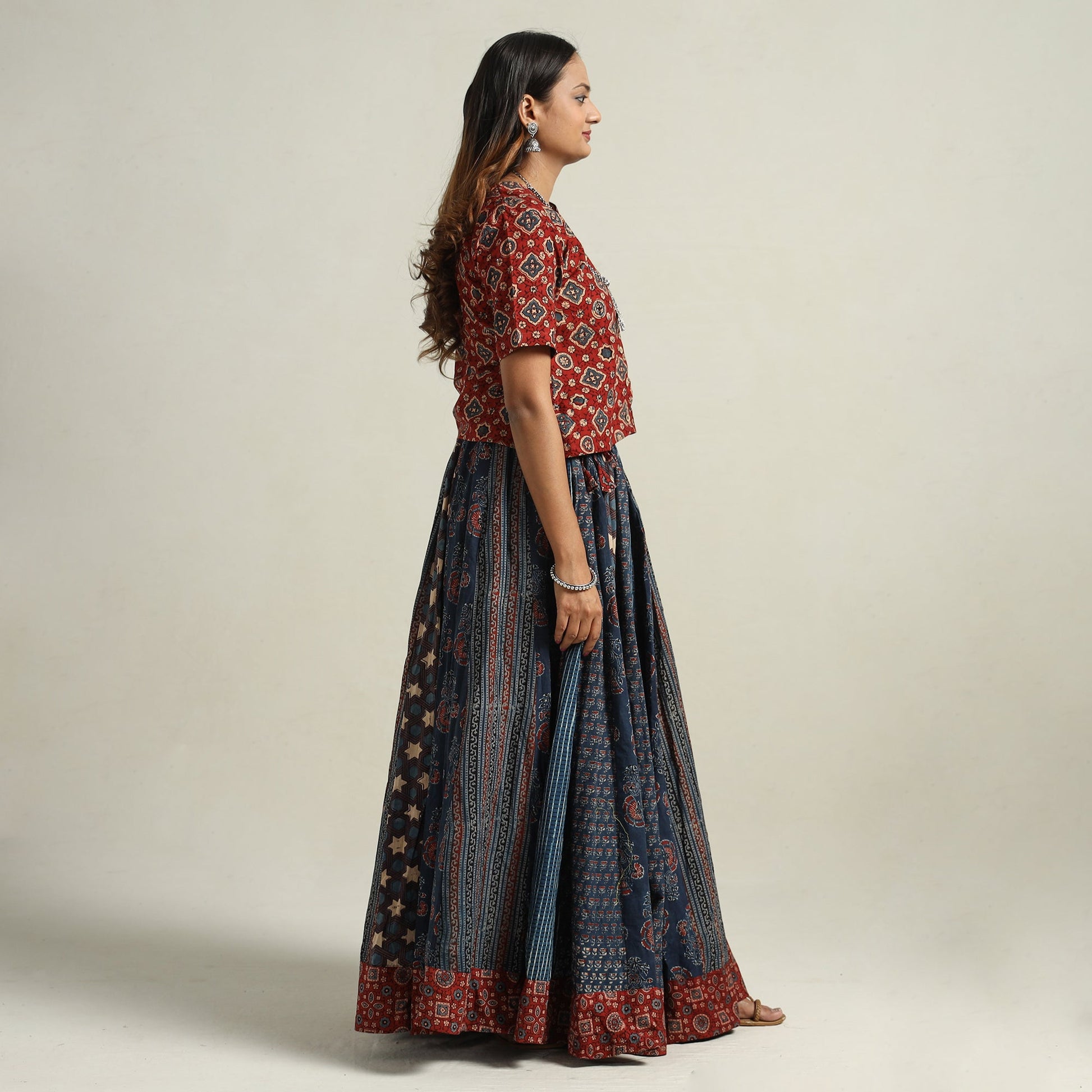 Blue - Ajrakh Block Printed 24 Kali Patchwork Cotton Long Skirt 19