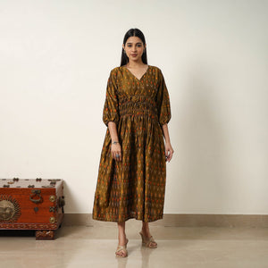Brown - Mercerized Cotton Flared Pochampally Ikat Dress 07