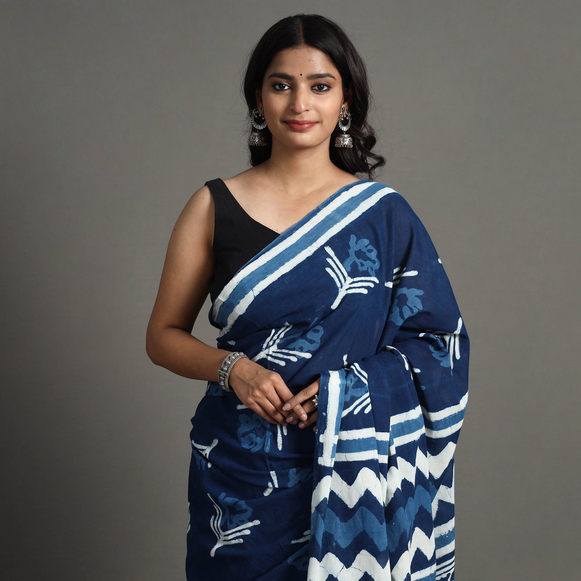 Blue - Bagru Dabu Block Printed Mul Cotton Saree