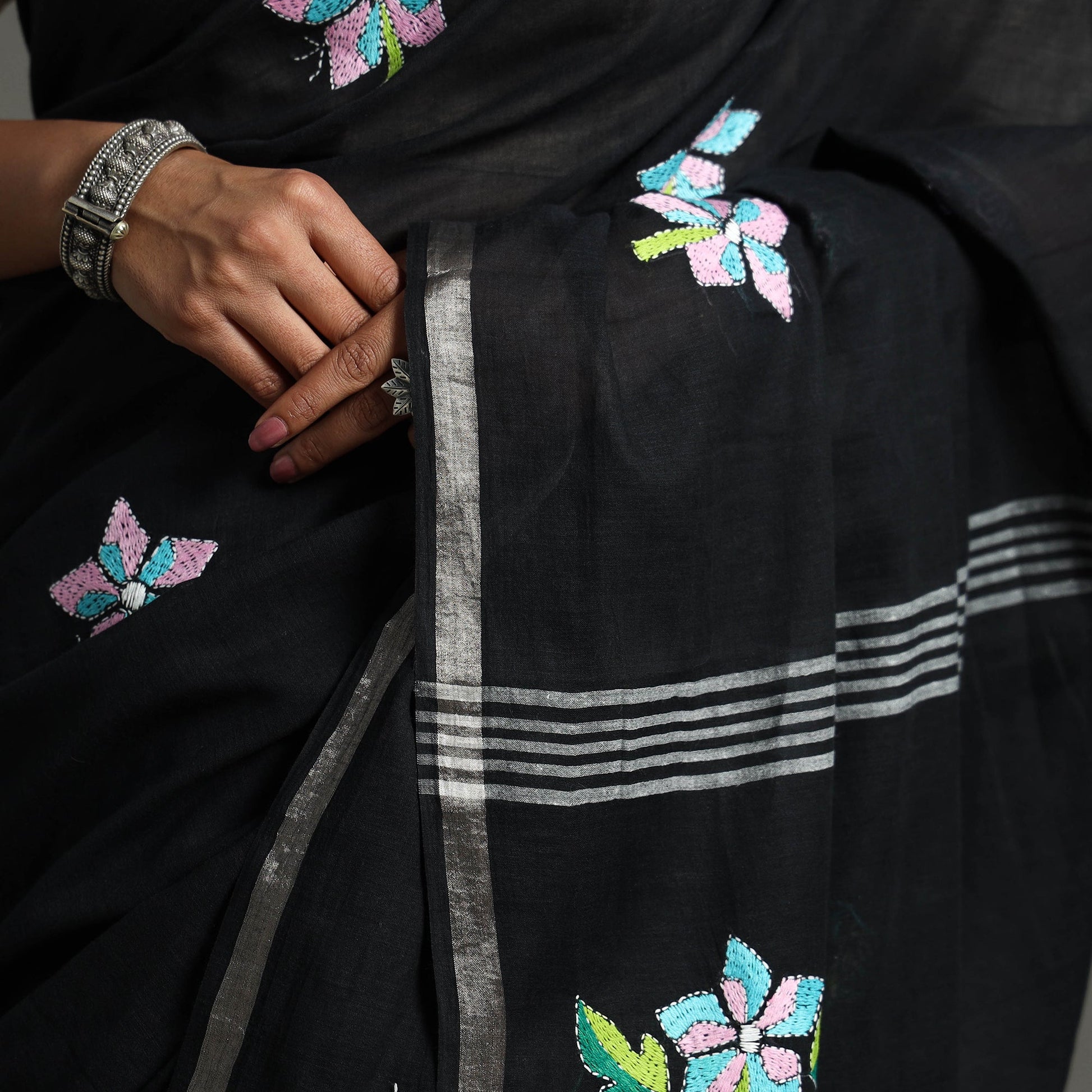 Black - Bengal Kantha Embroidery Handloom Cotton Saree