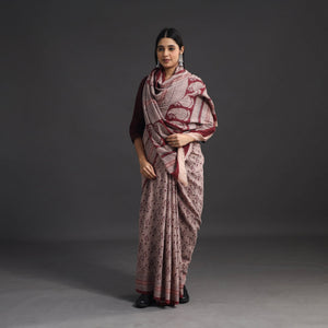Brown - Handwoven Merino Wool Bagh Block Print Saree 01
