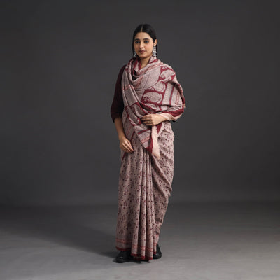 Brown - Handwoven Merino Wool Bagh Block Print Saree 01