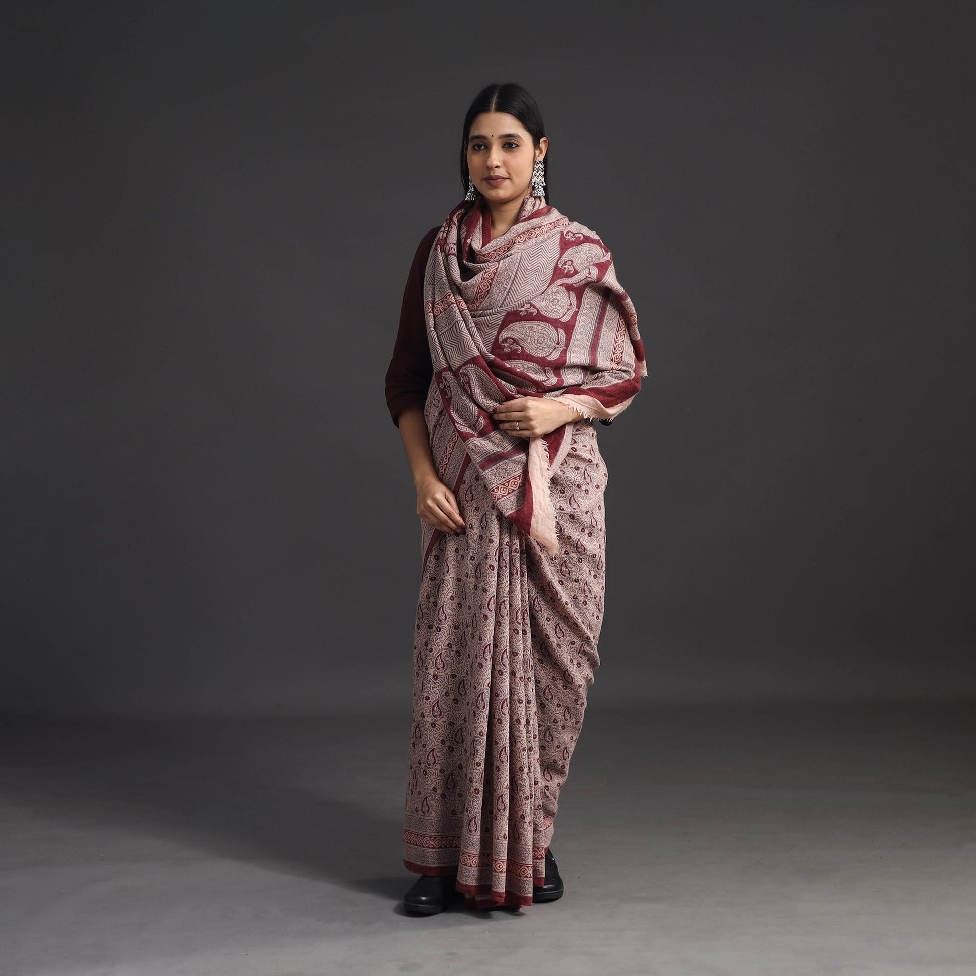 Brown - Handwoven Merino Wool Bagh Block Print Saree 01