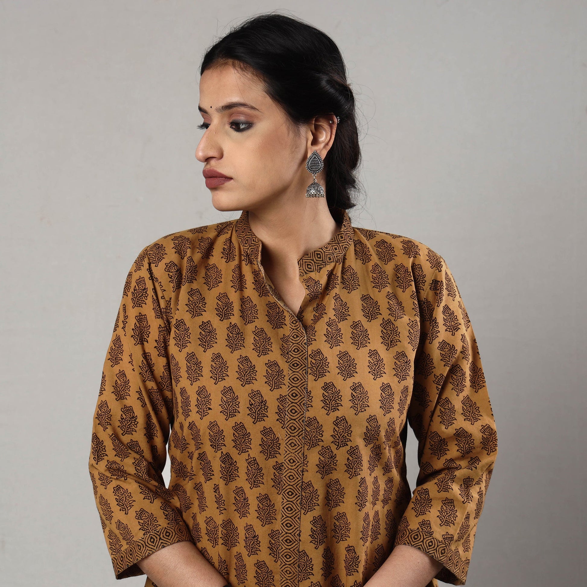 Brown - Block Print Cotton A-Line Bagh Kurta