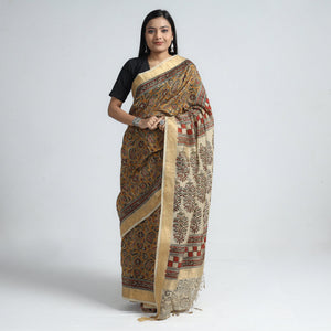 Brown - Original Pedana Kalamkari Block Print Silk Saree