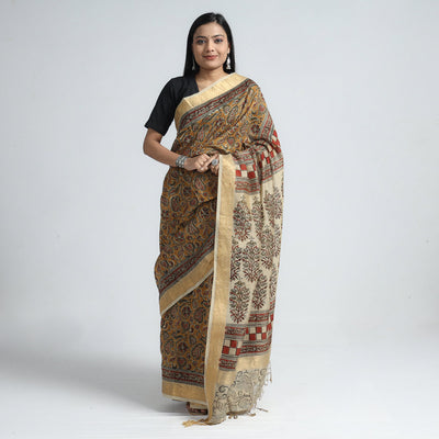 Brown - Original Pedana Kalamkari Block Print Silk Saree