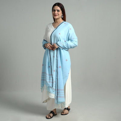 Blue - Bengal Jamdani Buti Handloom Cotton Dupatta 14