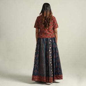 Blue - Ajrakh Block Printed 24 Kali Patchwork Cotton Long Skirt 19