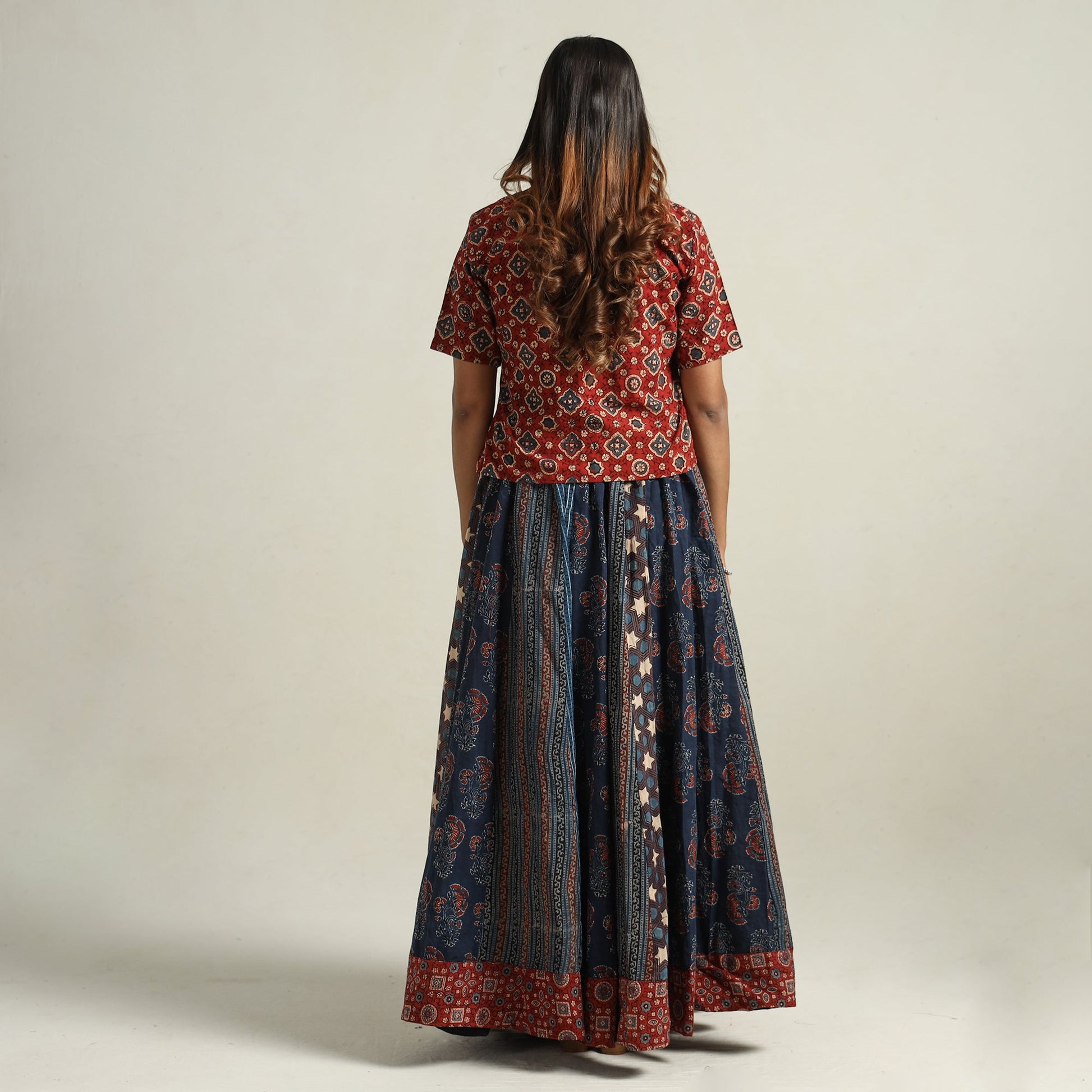 Blue - Ajrakh Block Printed 24 Kali Patchwork Cotton Long Skirt 19