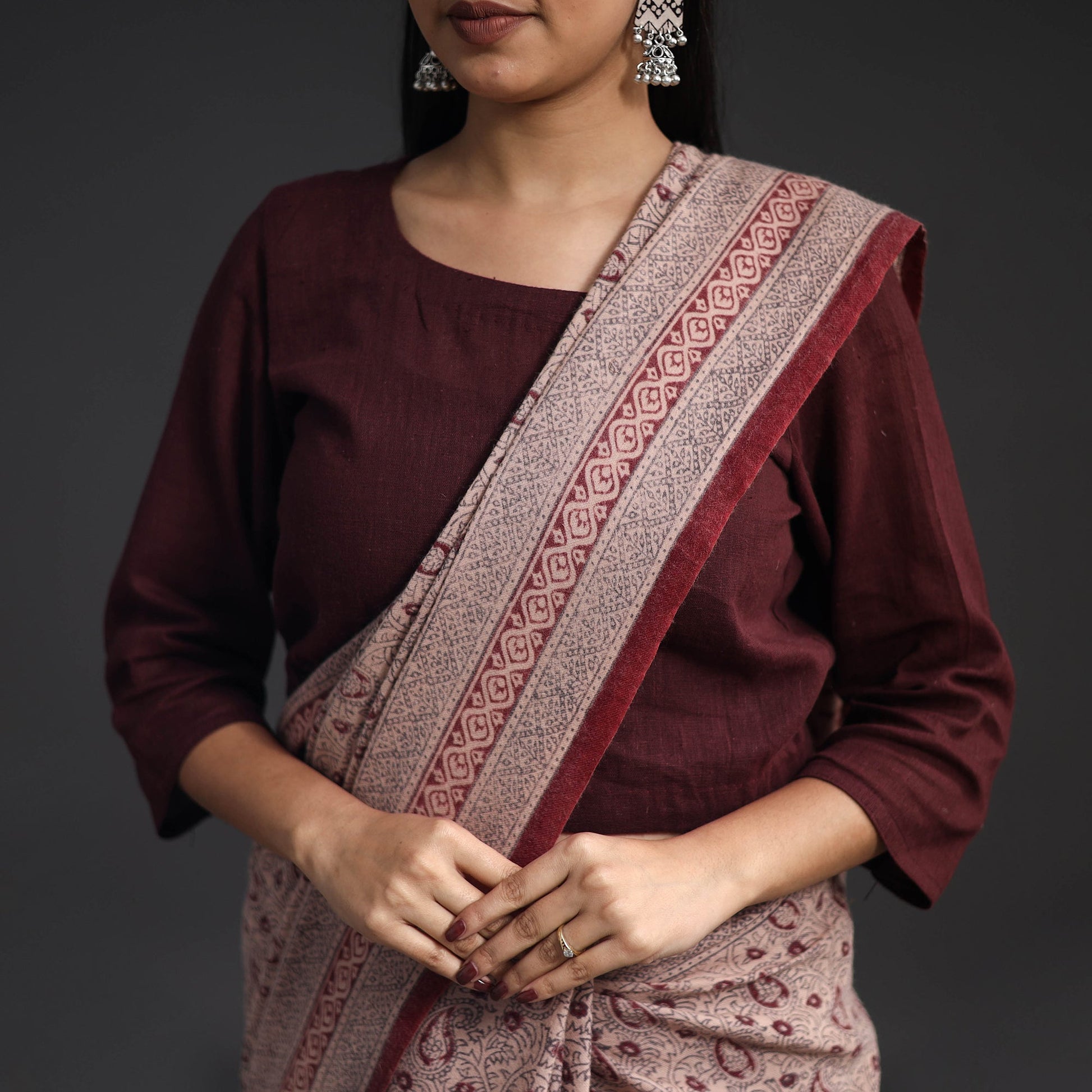 Brown - Handwoven Merino Wool Bagh Block Print Saree 01
