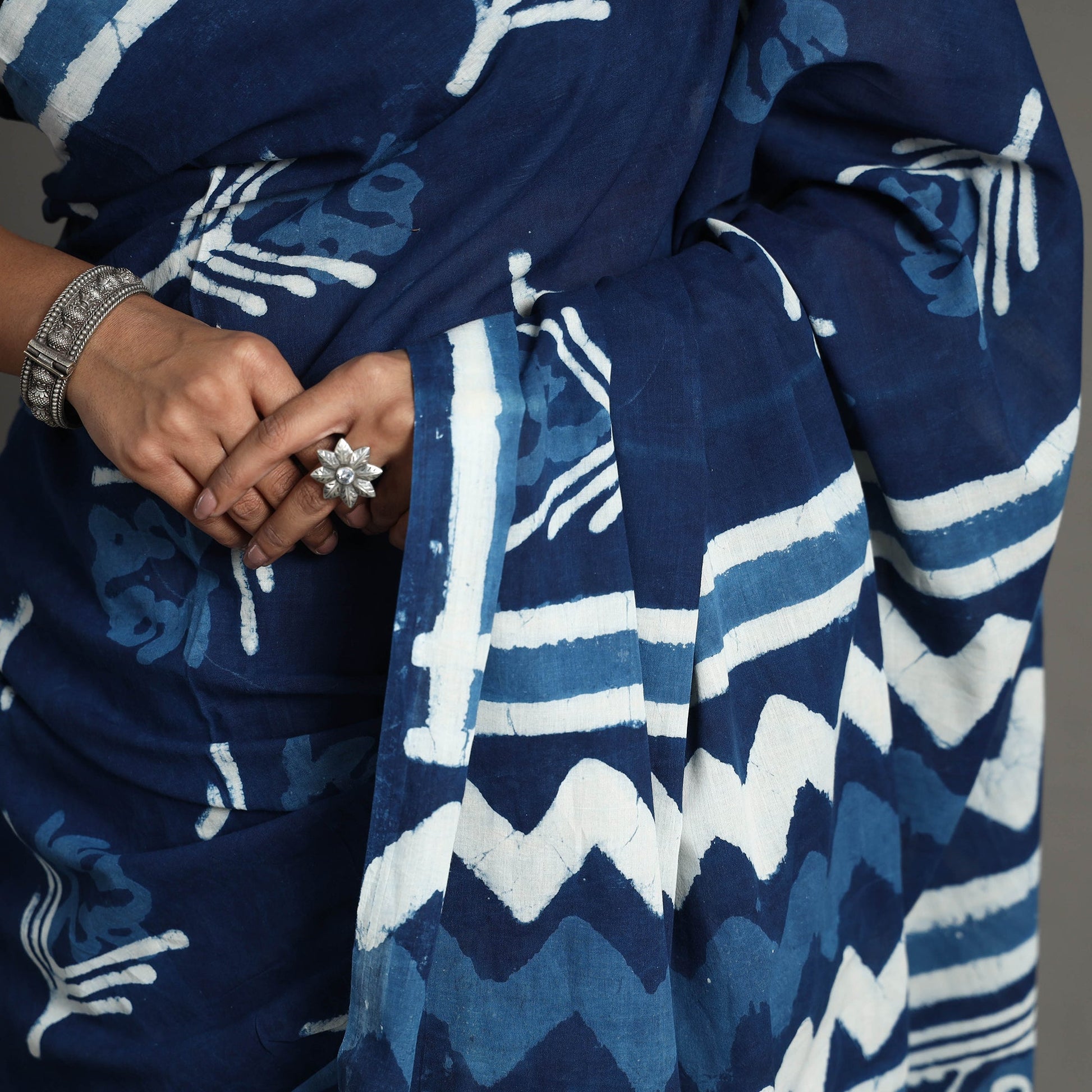 Blue - Bagru Dabu Block Printed Mul Cotton Saree