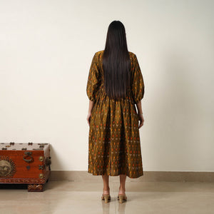 Brown - Mercerized Cotton Flared Pochampally Ikat Dress 07