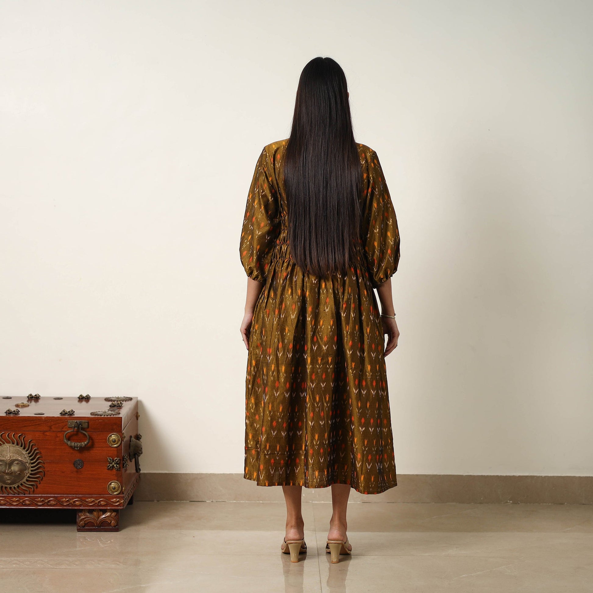 Brown - Mercerized Cotton Flared Pochampally Ikat Dress 07