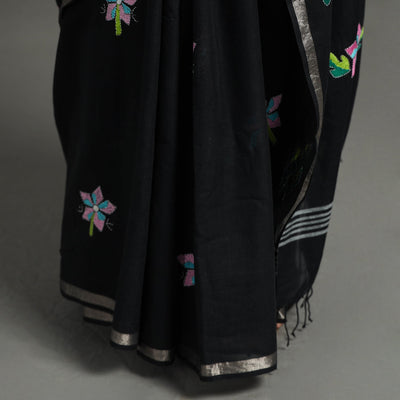 Black - Bengal Kantha Embroidery Handloom Cotton Saree