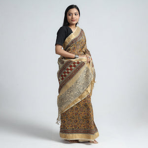 Brown - Original Pedana Kalamkari Block Print Silk Saree